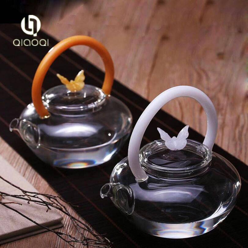 QIAOQI Handmade 800ML Heat Resistant Borosilicate Glass Teapot with Color Handle and Butterfly Lid