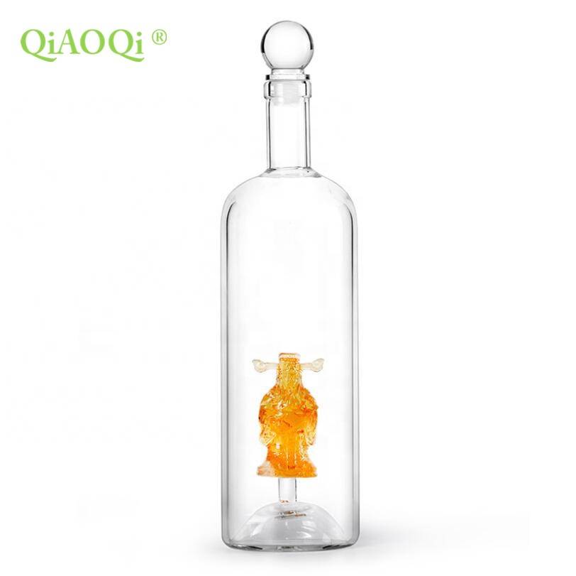 QiAOQi 450ml OEM ODM Fancy Unique Shaped Handmade Borosilicate Glass Liquor Wine Bottle