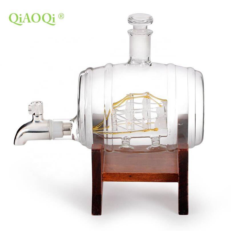QiAOQi Wooden frame barrel shaped 1000ml glass wine bottle with faucet