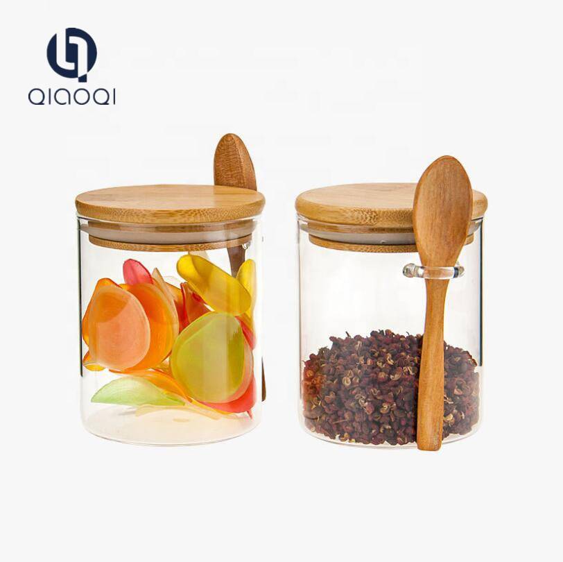 Borosilicate glass storage jar with wooden spoon , Seal grain tank