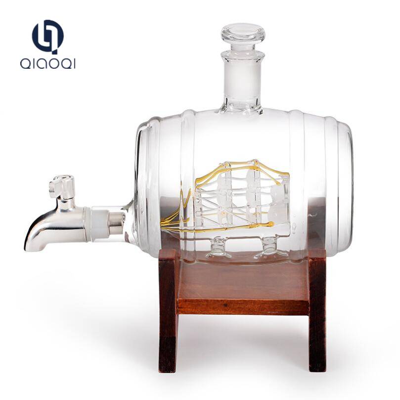 Creative Barrel shape glass wine bottle with stopcock for home decoration