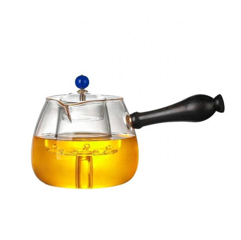High quality borosilicate clear glass cooking pot with wooden handle for tea