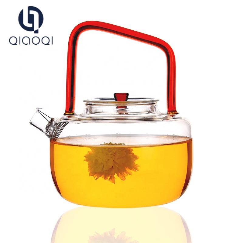 650ml clear glass tea pot with red color handle