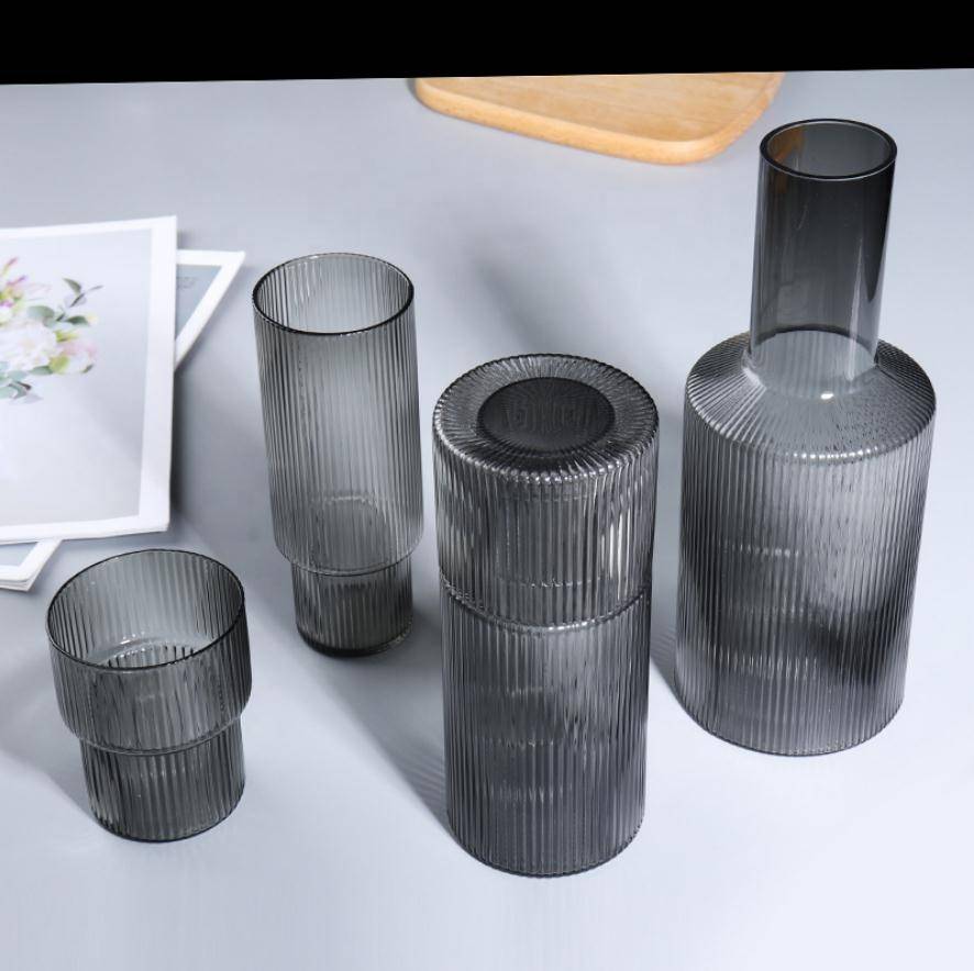Wholesale High Quality Creative Stripe Smoke Color Glass Cold Kettle Cup Water Set Simple Household Juice Jug