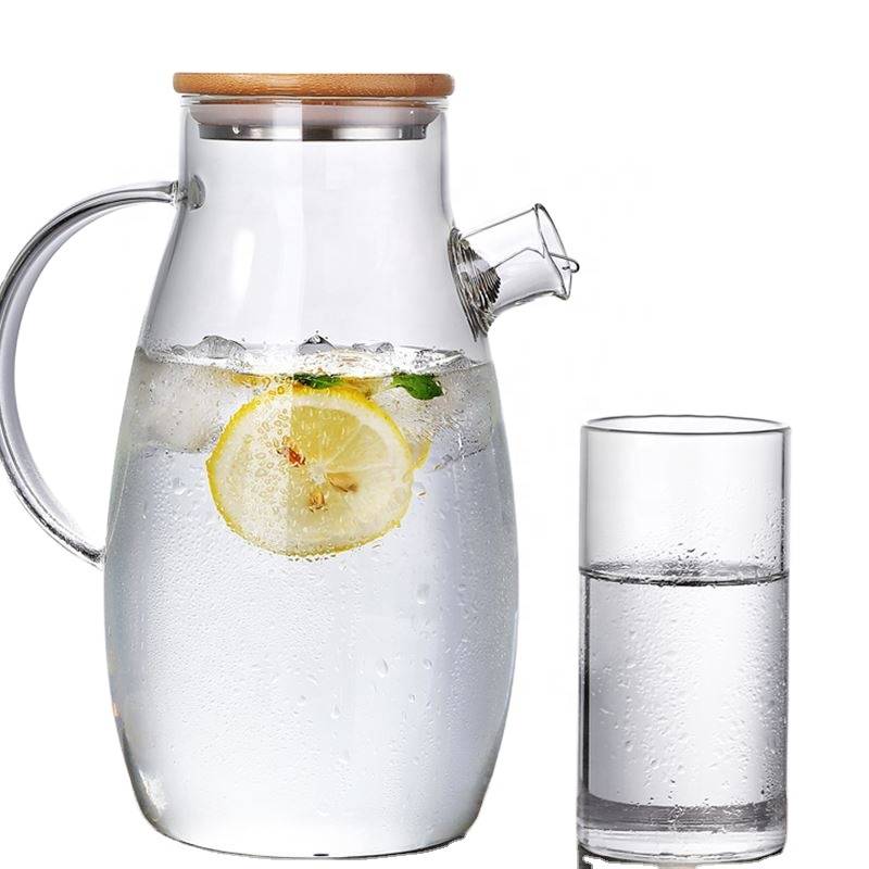 High quality clear glass cold water pot drinking water pot with handle and bamboo lid