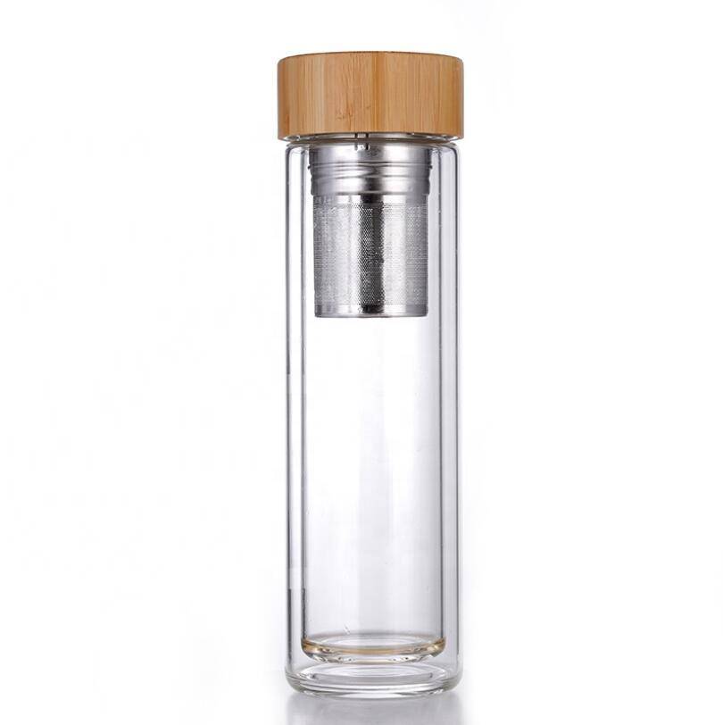 450ml No MOQ Stocked Double Wall Glass Water Bottle with Bamboo Lid and Tea Infuser