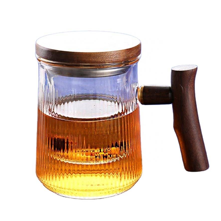 Wholesales glass flower tea cup With wooden lid and handle