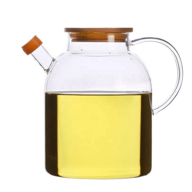 Eco-friendly kitchen glass cooking olive oil bottle with bamboo lid and handle