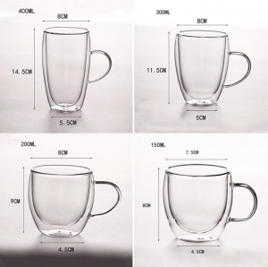 Wholesale customized logo large 350ml clear borosilicate insulated double wall glass coffee tea cups mugs with handle