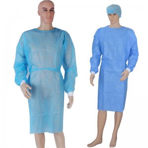 100% Polypropylene Fluid Resistant  Unisex Fully Closed with Double Ties Disposable Isolation Gown with Knitted Cuffs