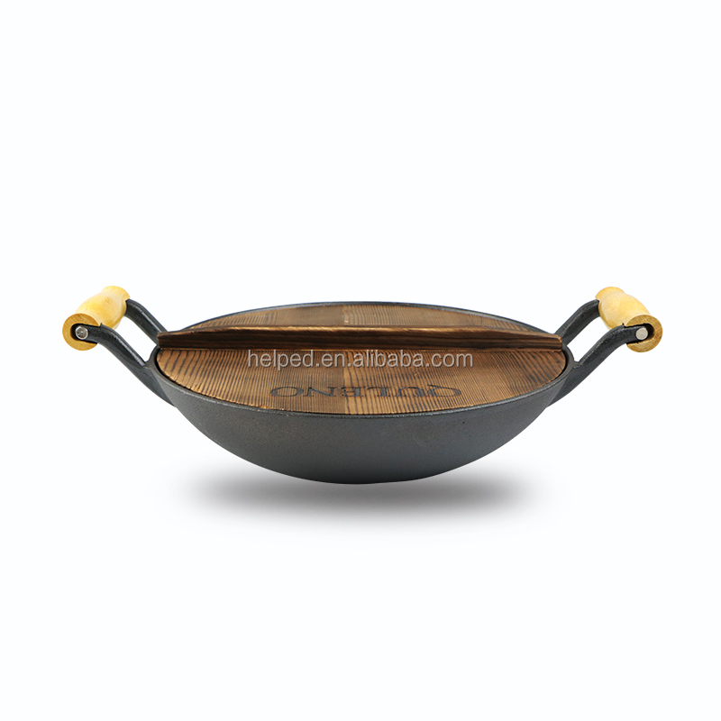 Puinen kansi Valurautainen wok puukahvoilla 36cm