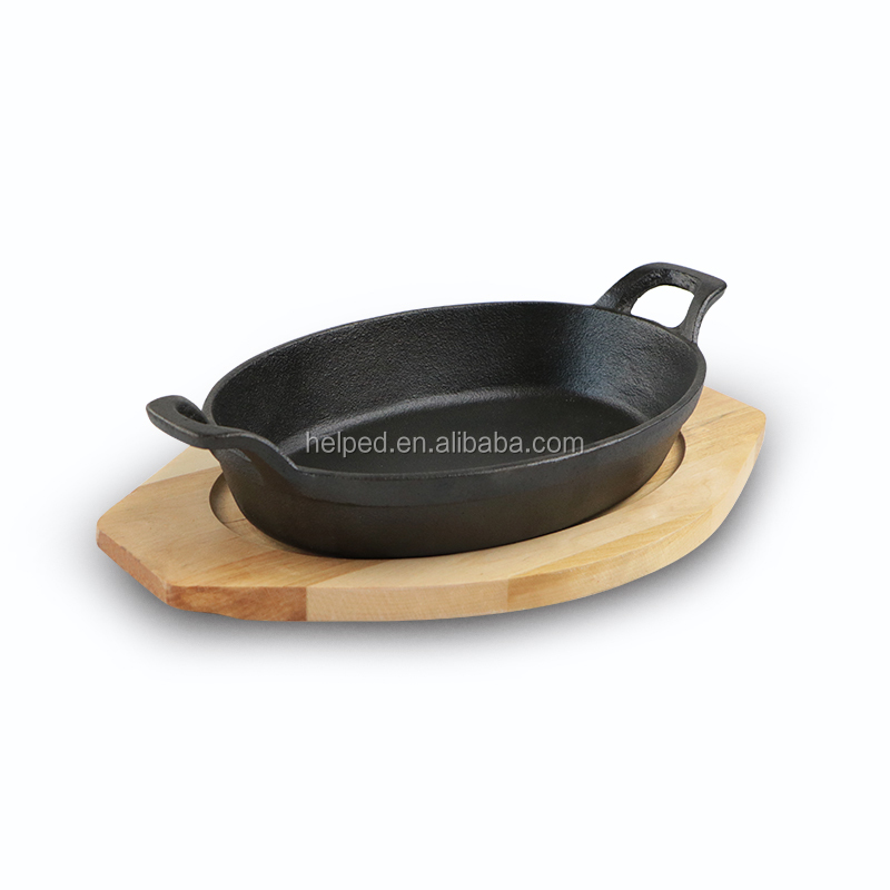 мини-чугунная овальная посуда для приготовления пищи с деревянной подставкой