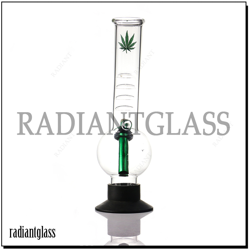 Hemp Leaves Patterns With Silicone Base Glass Straight Bong
