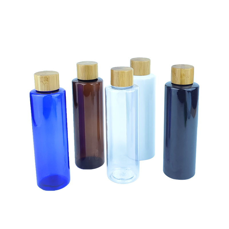 RB-B-00331A confezione cosmetica trasparente bianco ambra blu tappo a vite in bambù bottiglia per lozione in plastica bottiglia di toner in plastica