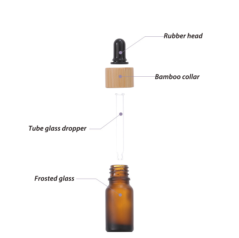 RB-B-00297 botella de suero de aceite esencial para o coidado da pel, botella de 30 ml de vidro marrón esmerilado con tapa de bambú