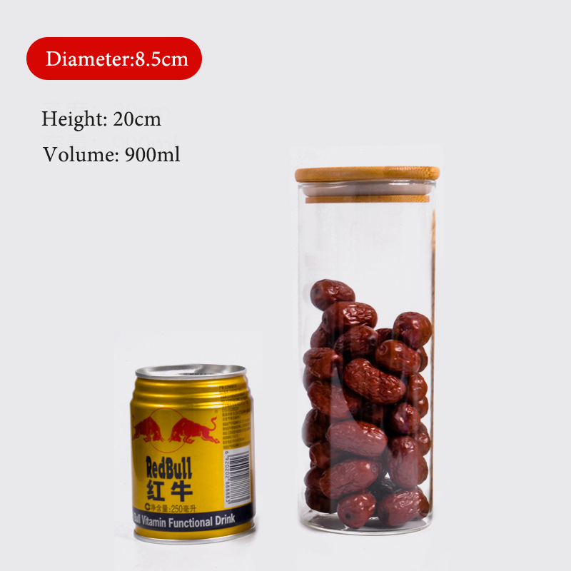 RB-B-00303G Thús Taller Round Borosilicate Luchtdicht Keuken Tea Food Container Glêzen Jar mei Bamboe Deksel
