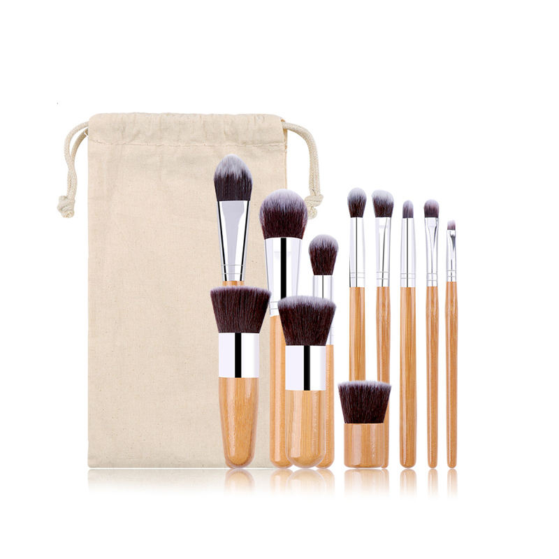 blush eyeshadow brush wood handle 11pcs makeup brush set with burlap bag