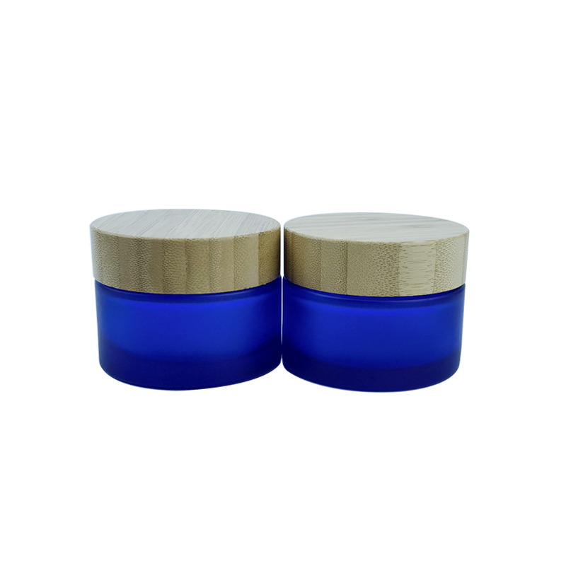 RB-B-00306 eco friendly package frosted blue bamboo cosmetic glass jars