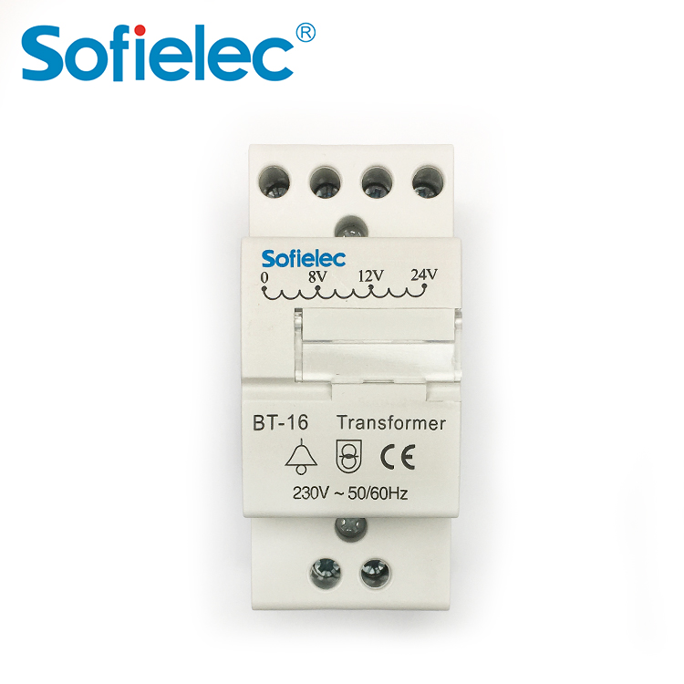 Трансформатори занги модулии Sofielec 8VA, тасдиқи BT-16 CE, ки барои пур кардани занги барқии шиддати изофаи паст истифода мешавад