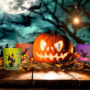 Müxtəlif naxışlı QRF Halloween nəzir şamdanları, Halloween masasının mərkəzi partiyası üçün ev dekorasiyası üçün çay işığı şamdanları, altı dizaynda mövcuddur