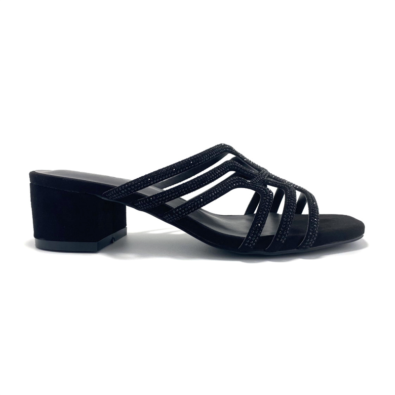 Refineda ແມ່ຍິງ Rhinestone Chunky Block Heels Comfort Slip On Square Open Toe Heeled Sandals Dress ເກີບ