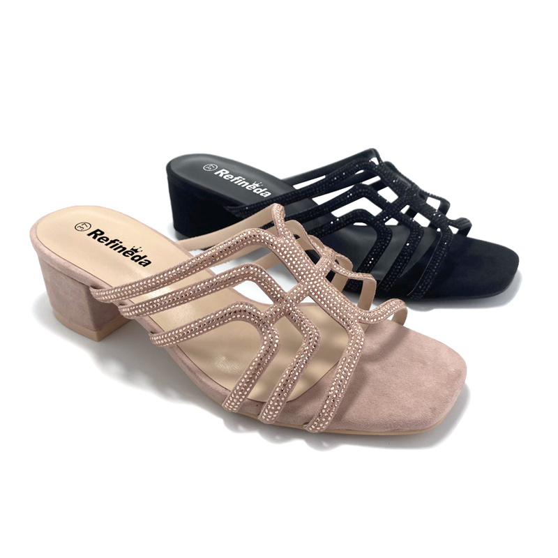 Refineda ແມ່ຍິງ Rhinestone Chunky Block Heels Comfort Slip On Square Open Toe Heeled Sandals Dress ເກີບ