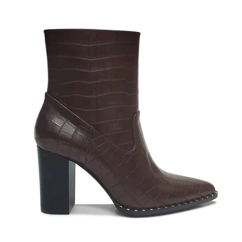 Refined Ankle Boots Slip on Ladies၊ Crocodile Grain Boots Chunky Block Mid Heels ဖက်ရှင်ဖိနပ် အထူးအသားပေးပုံ