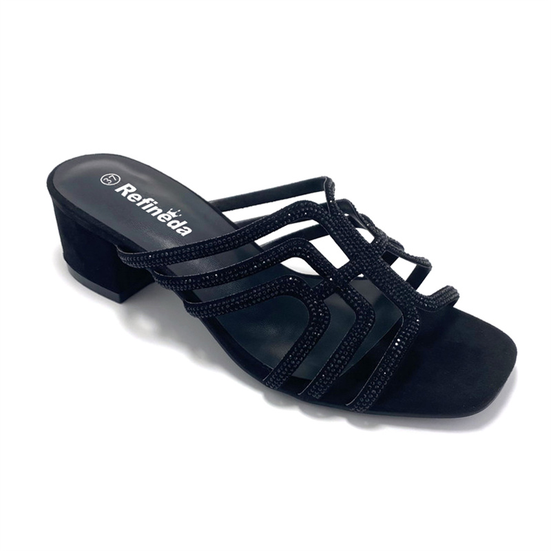 Refineda အမျိုးသမီး Rhinestone Chunky Block Heels Comfort Slip On Square Open Toe Heeled Sandals ဂါဝန်ဖိနပ်