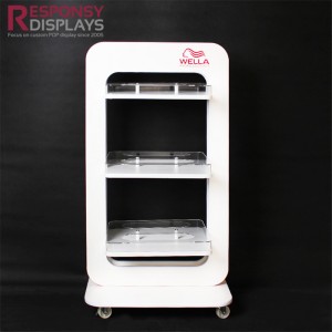 New Design 3 Layers Wood Acrylic Cosmetic Display Stand With 4 Wheels
