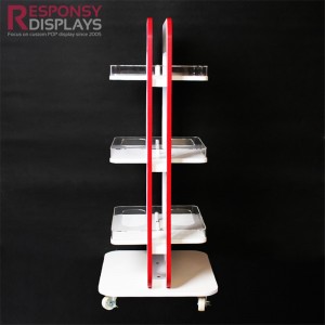 New Design 3 Layers Wood Acrylic Cosmetic Display Stand With 4 Wheels