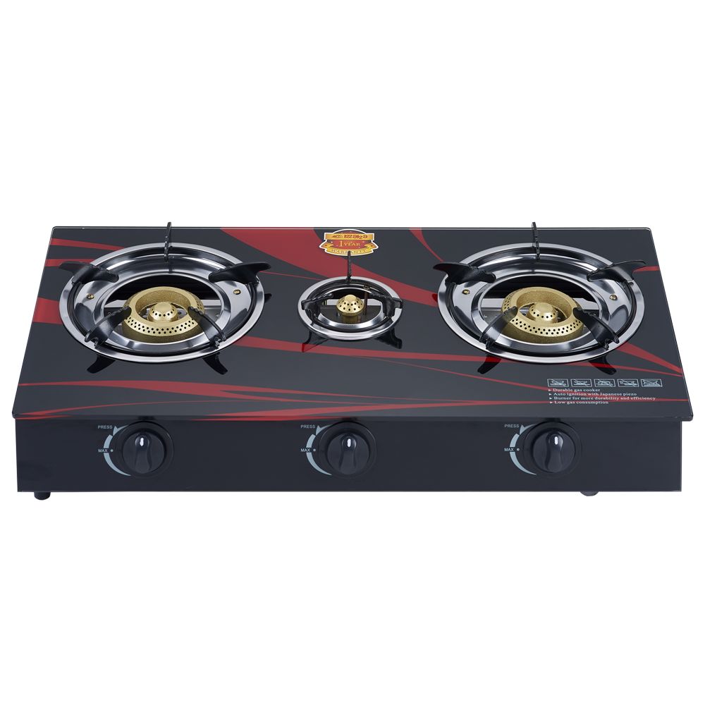 Barato nga presyo pattern electronic ignition cast puthaw 3 burner tempered bildo top gas cooker stove RD-GT043