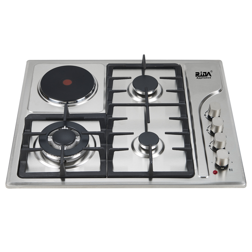 Electrodomèstic de cuina Cremador Sabaf de 4 focs i cremador de ceràmica Panell d'acer inoxidable Suport paella de ferro colat Placa de gas incorporada RDX-GHS025