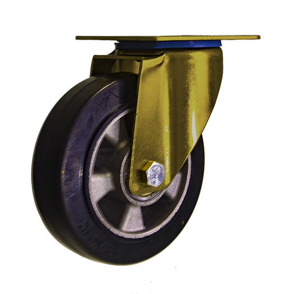 Европски индустриски рицинус, 160 мм, горната плоча, вртливата, црна еластична гума на AL тркала