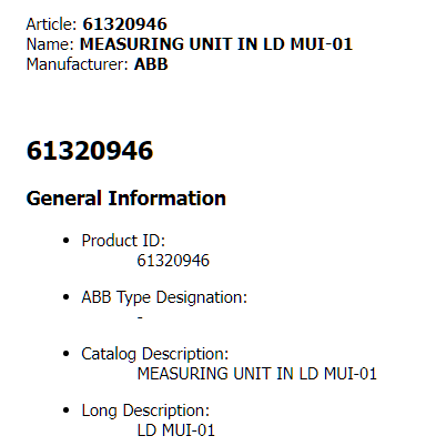 ABB LD MUI-01 61320946C MEASURING UNIT Itinatampok na Larawan