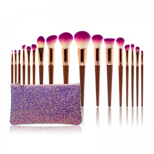 Rose wood Handle Purple Hair Makeup Brushes with Glitter Cosmetics Bag