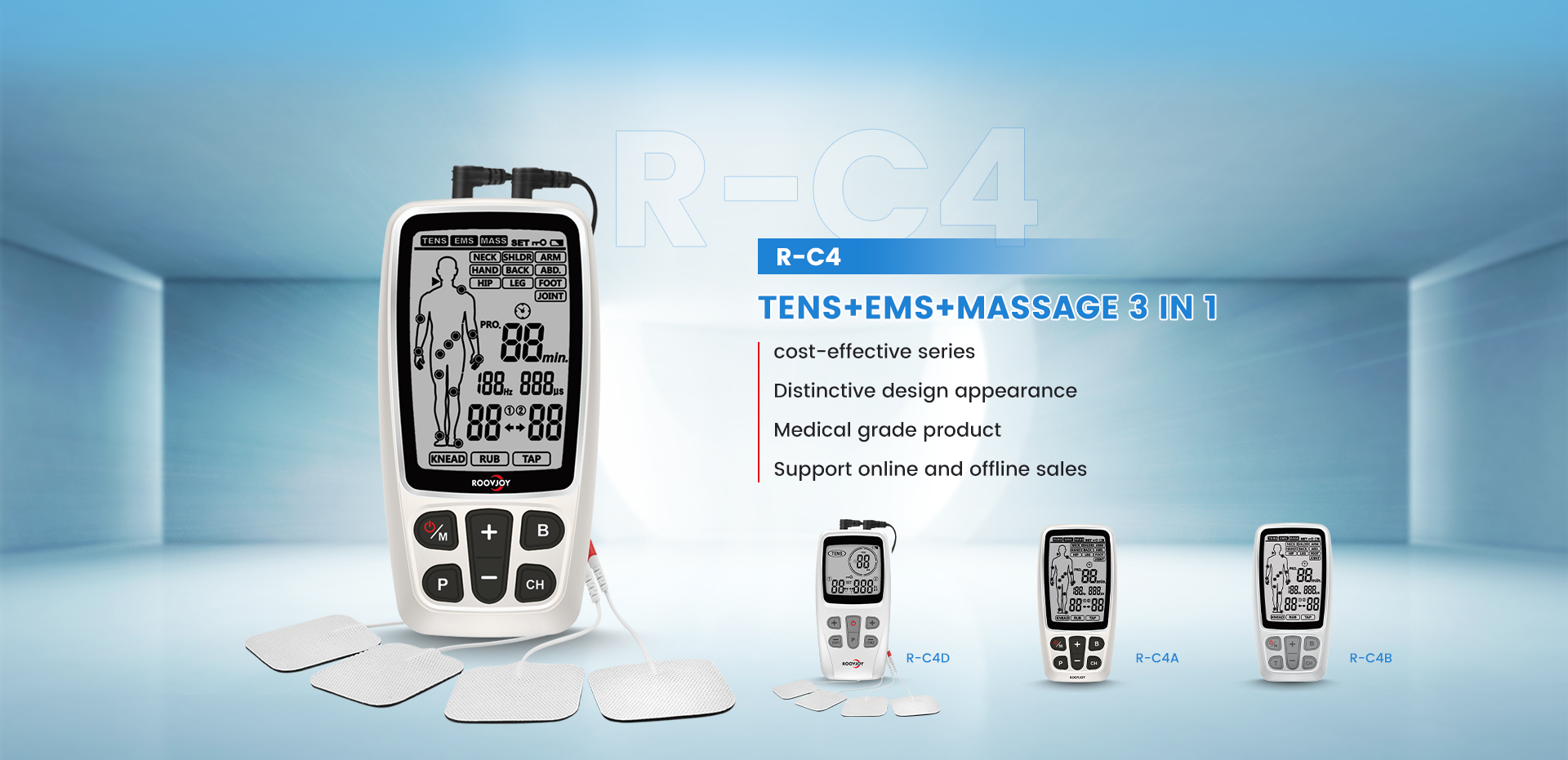 R-C4A: TENS+EMS+MASSAGE සහිත විස්තීර්ණ 3 in1 යන්ත්‍රය