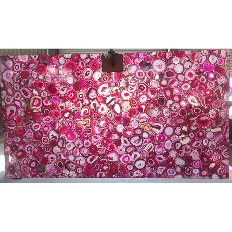 Panel batu tembus pink agate slab marmer pikeun desain interior