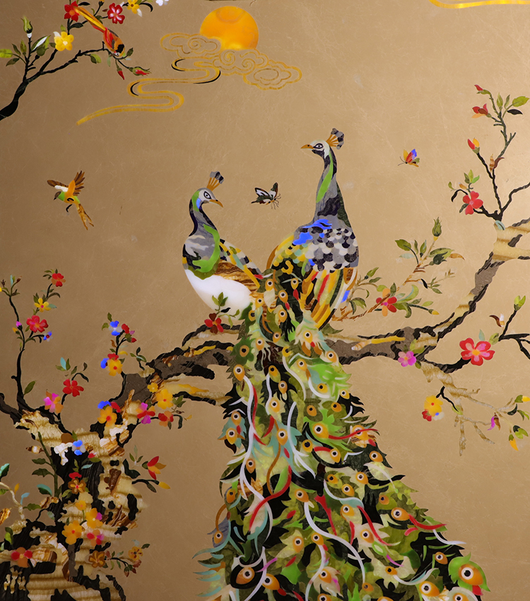 Duvar dekoru için su jeti mermer çok çiçekli tavuskuşu kakma kakma tasarımı