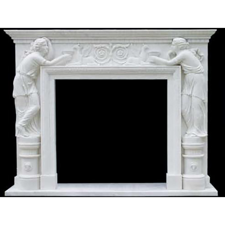 Custom living room carved white stone marble fireplace with top