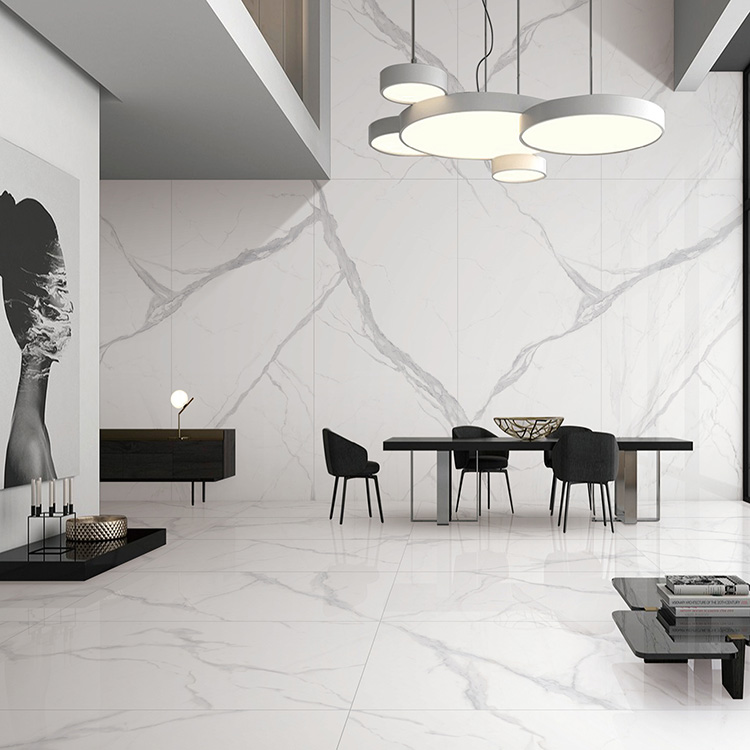 800 × 800 Calacatta balto marmuro efekto blizgios porcelianinės grindų sienų plytelės