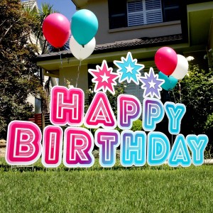 ປ້າຍຊື່ເດີ່ນສຸກສັນວັນເກີດ 3-in-1 stacking Birthday Lawn Letters Easy Install Reusable Happy Birthday Yard Signs with Stakes and Stars (46 x 160 ນິ້ວ)