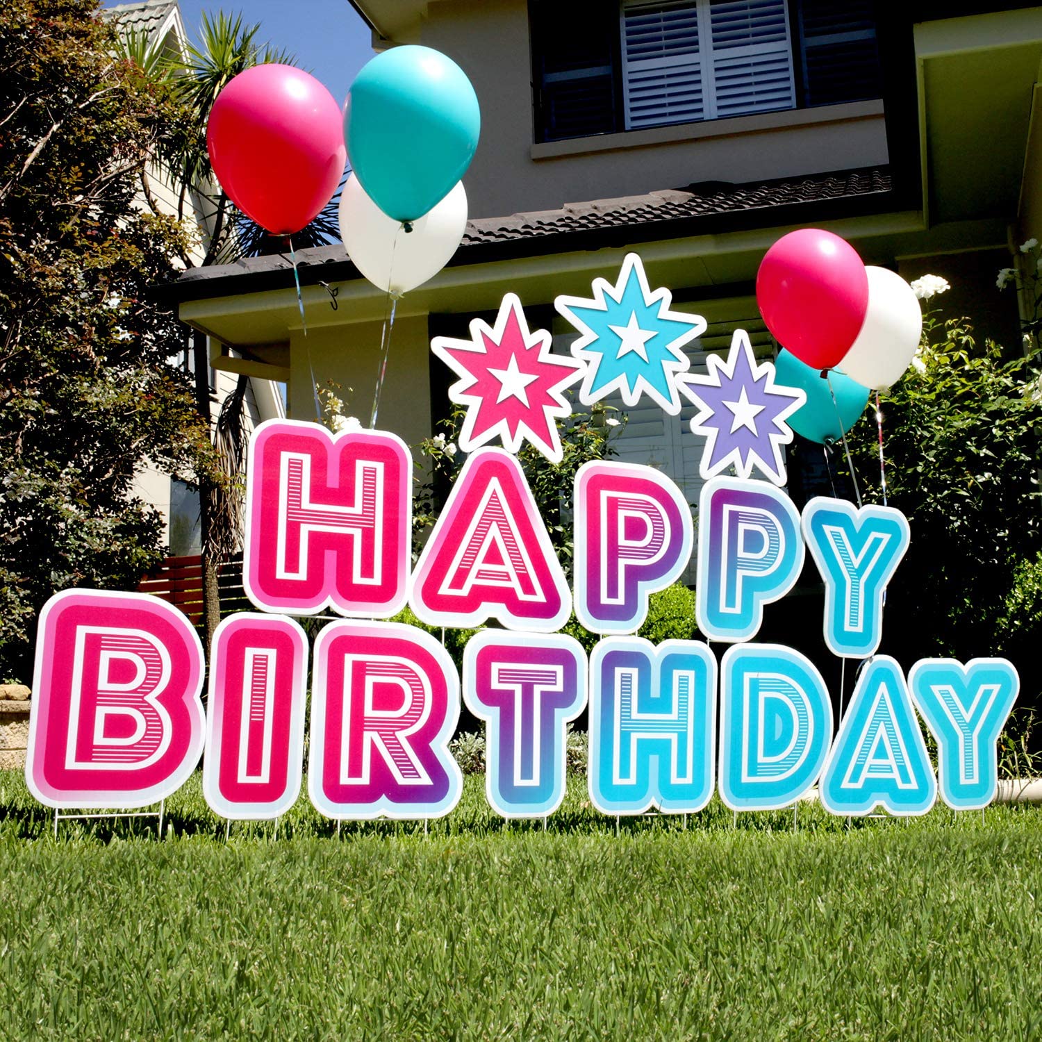 ערכת שלטים לחצר יום הולדת שמח 3 ב-1 מכתבים לדשא יום הולדת להתקנה קלה לשימוש חוזר שלטים לחצר יום הולדת שמח עם יתדות וכוכבים (46 x 160 אינץ') תמונה מוצגת