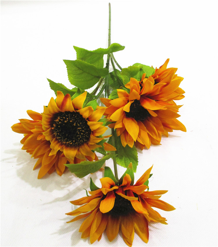 Umetne sončnice za vedno cvetje, rumeni Helianthus, zeleni listi za umetnost, dekoracija doma, pisarna, zabava, poroka