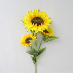 Голям единичен изкуствен слънчоглед с 3 цветни глави, Копринени слънчогледи Фалшиви жълти цветя за декорация на дома Сватбен декор