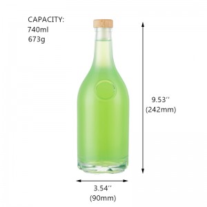 Uniquely shaped glass wine bottle 740ml with cork cap