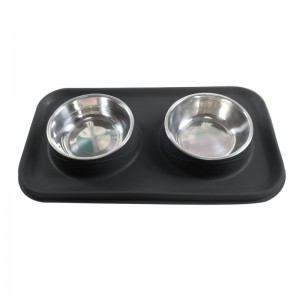 Anti-skli og ikke-søl sammenleggbar silikonmat vann katt hund matte med skåler i rustfritt stål