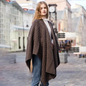 aangepaste winter dames warme gebreide wollen poncho effen kleur luxe zachte dames mode elegante 100% wollen cape sjaal