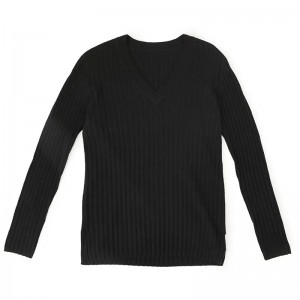 suéter feminino de caxemira pura de manga comprida preta com decote em V canelado, pulôver de caxemira feminino de tamanho grande personalizado para o inverno