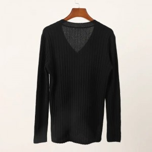 pulover negru cu mânecă lungă și decolteu în V, tricotat cu nervuri, din cașmir pur, pulover personalizat de iarnă pentru fete din cașmir.