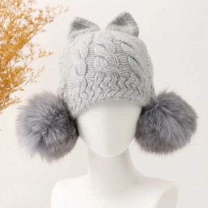 tiga bulu rubah asli pom pom topi musim dingin desain logo kustom mewah fashion wanita 100% kasmir topi beanie